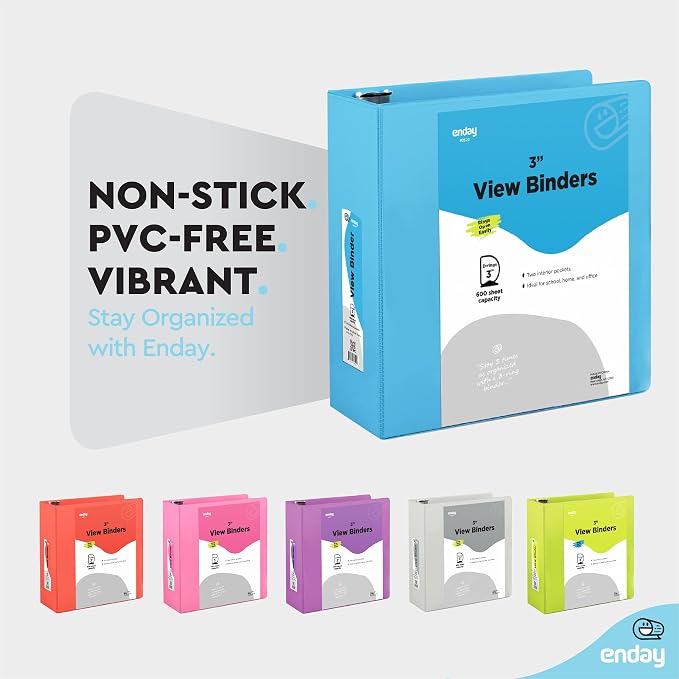 3 Slant D-Ring Binder 3 Inch Blue, 3 in Clear View Cover with 2 Inside Pockets Binder, Heavy Duty Colored School Supplies Binders,Also Available in Green, Grey, Purple, Red, Pink (6 PC) – by Enday