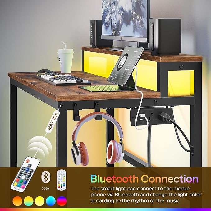 Small Computer Desk with Charging Station and LED Lights, Gaming Desk with Monitor Stand, 2-Tier Home Office Desk with 4 Side Hooks, for Living Room, Home Office, Rustic Brown DN01UDBRY2