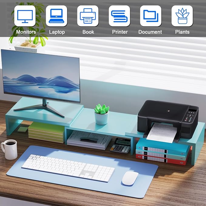 Dual Monitor Stand Riser | Monitor Stand for Desk, Metal Computer Stand, Desk Shelf Riser,Desktop Organizer for Home and Office Use (Blue)
