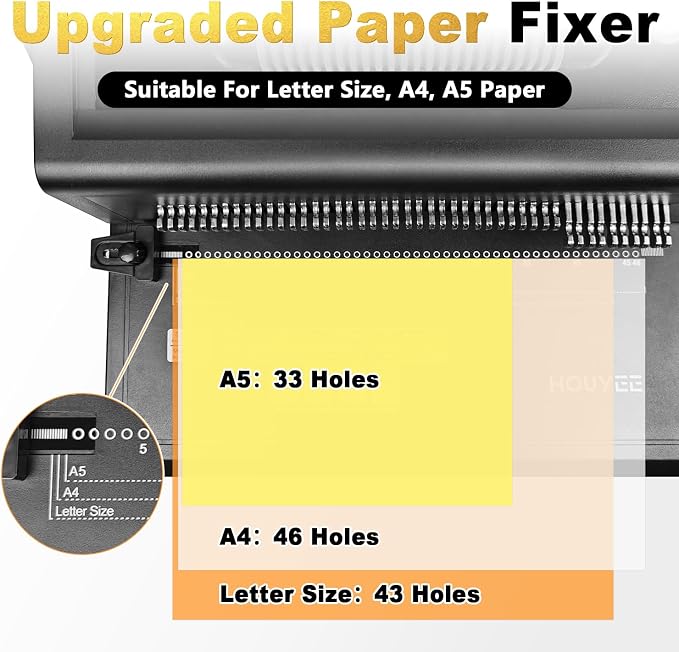HOUYEE Spiral Coil Binding Machine with 100 Pack 3/8"(10mm) Coils & Pliers | 4:1 Pitch, 20 Sheet Punch Capacity, Quick Electric Coil Insert, 46 Disengaging Pins, Adjustable Margin,Fit Letter Size/A4/A5