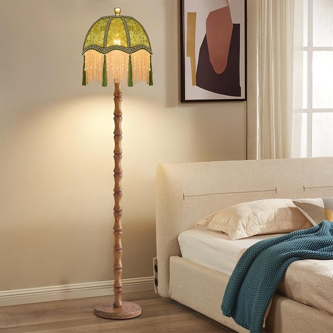 ZECOXOL Wood Floor Lamps for Living Room Boho Rustic Floor Lamp with Remote Control,Dimmable Vintage Floor Lamp Green Mid Century Modern Standing Lamp Pole Tall Fringe Floor Lamp for Bedroom Corner
