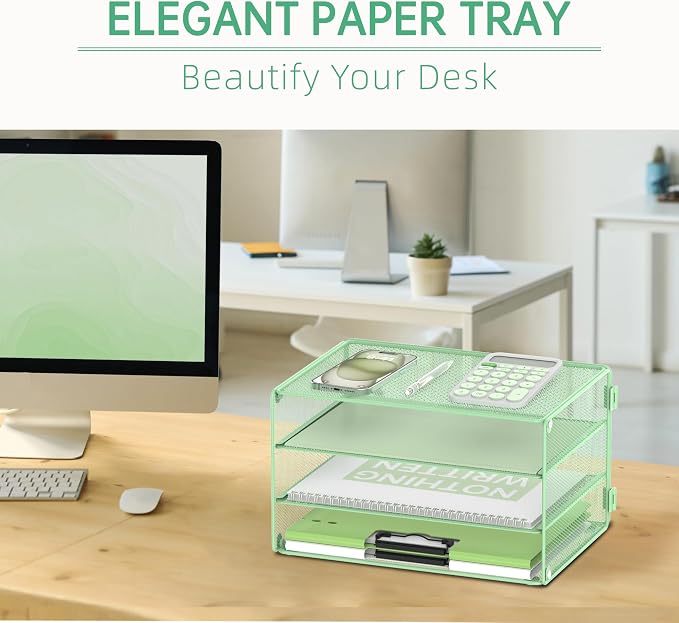 DALTACK 3 Tier Letter Tray Paper Organizer with Sliding Trays Mint Green | Metal Mesh File Organizer with Sliding Trays for Letter and A4 Paper, Mail, Bills, Folders and Office Documents