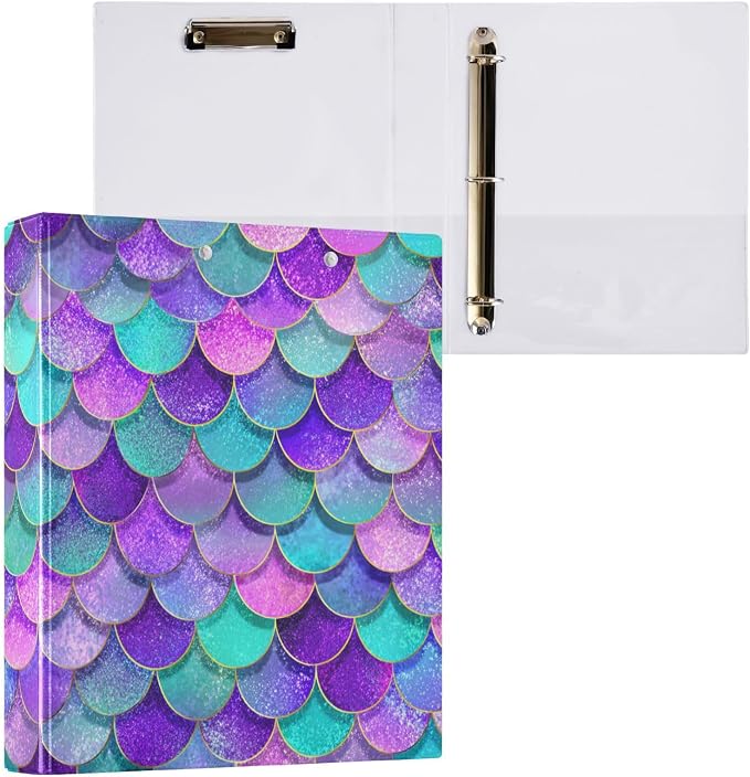 3 Ring Binder Pink Blue Purple Mermaid Scales 1.5" Round Ring Binders View Binder with 200 Sheet for Kids School Supplies Women Men Office, 1 Pack
