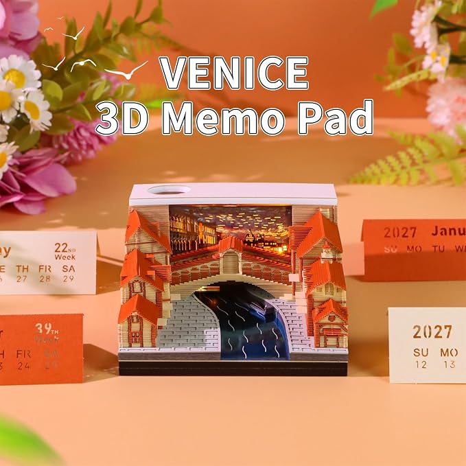 3D Time Piece Calendar, 2027 Desk Calendar With LED Light, 3d Tree Memo Pad Creative Desk Calendar, Christmas Gift for Colleague Friend, Desktop Decoration (Venice)