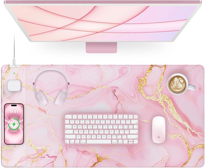 Pink Marble Mouse Pad with 15W Wireless Charging, 31.5"x15.8" in | Large Gaming Desk Pad/Mat for Women Girls, Waterproof Ultra-Smooth Surface, Non-Slip Base
