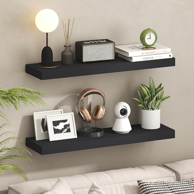 Furinno Tanna Floating Shelves for Wall, 9 x 35 Wall Shelf, Single Set Wall Mounted Floating Shelf with Invisible Bracket, 2-Inch Thick, for Bathroom, Living Room, Bedroom, Home Office, Americano