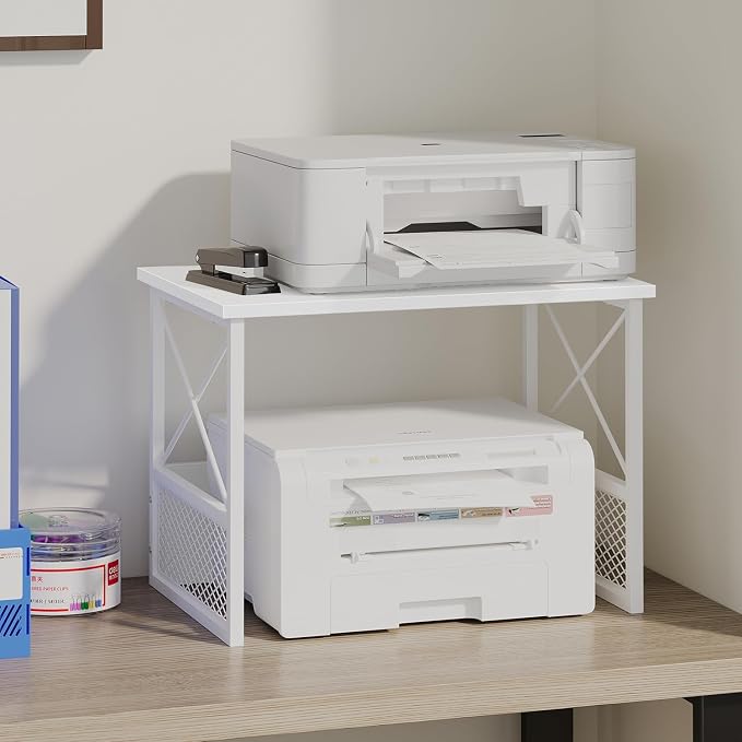 Printer Stand for Desk, Desktop Printer Stand Shelf Organzier for Home Office, for Above and Under Desk, Fax Machine Copier Scanner, White