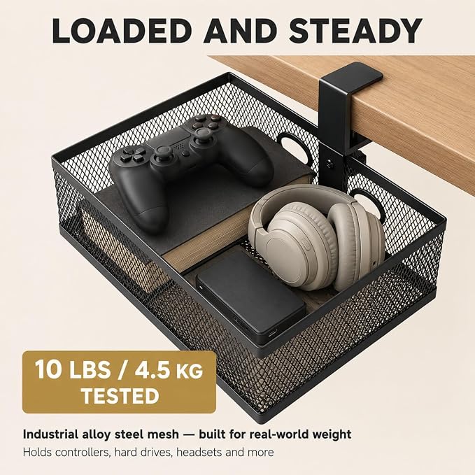 Under Desk Organizer, Clamp On 360 Swivel Mesh Drawer, No Drill, Black | Pulchrum hidden storage basket with cable holes, 10 lb capacity attachment for standing or gaming setups, home office tidy