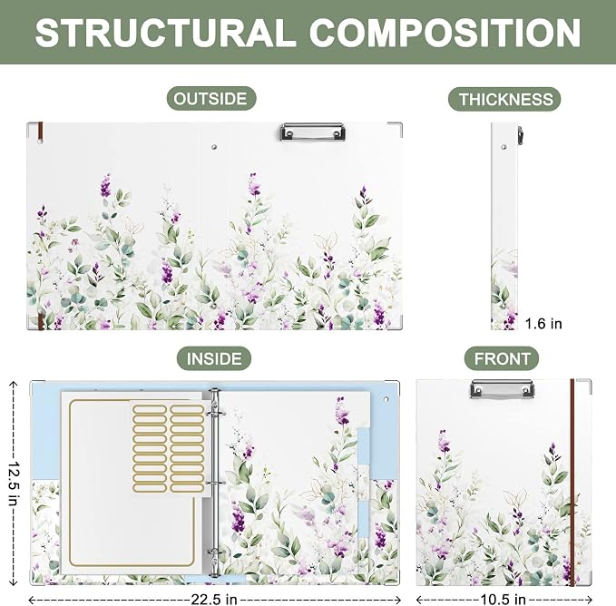 Rouidr 3 Ring Binder with clipboard, 1 inch 8.5 x 11 in Letter Size View Binders Organizer with Dividers Tabs & Clear Sleeves, School Supplies, Office Supplies, Wisteria