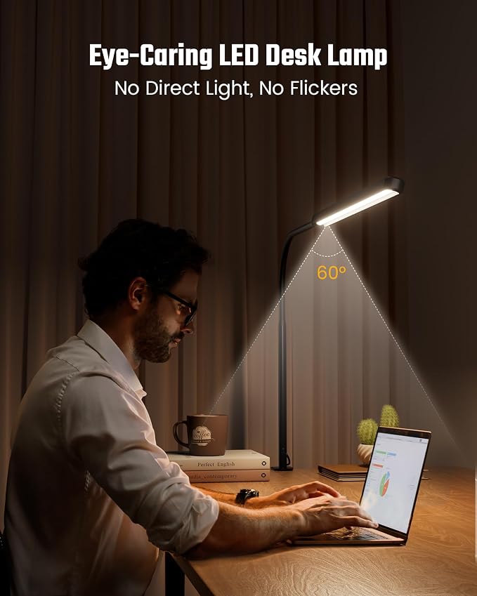 SUPERDANNY Eye-Caring LED Desk Lamp Work Lamp Office Lamp with Side Clamp | Black, Touch Control, 360° Flexible Gooseneck, 3 Modes Smooth Dimming, Memory Function, Adapter, Metal, for Home Office Dorm