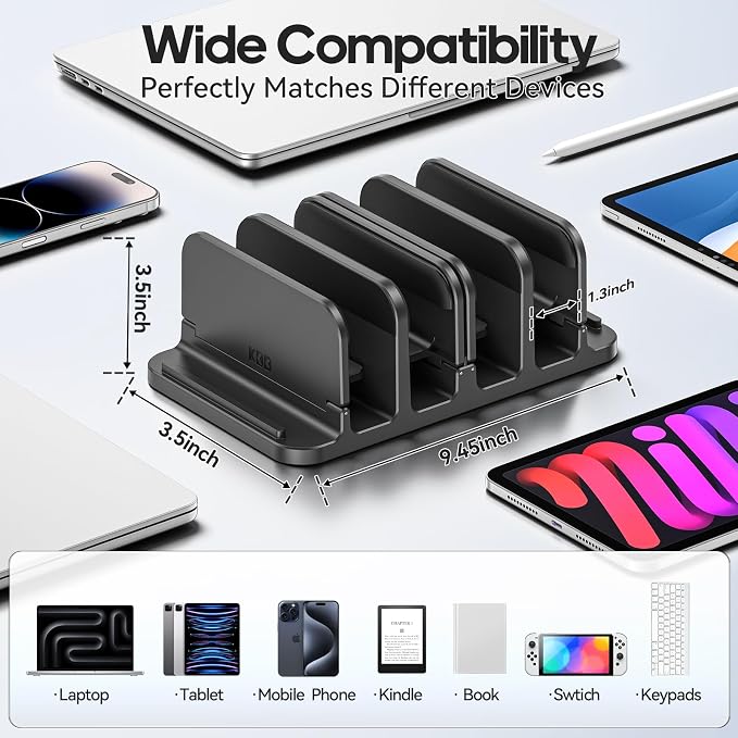 KDD 4-Slot Vertical Laptop Stand with Gravity Locking, 6-in-1 Laptop Holder Desktop Stand, Space-Saving Organizer Fits MacBook/Surface/HP/Dell/Book/Tablet/Switch/Cell Phone and Keyboard
