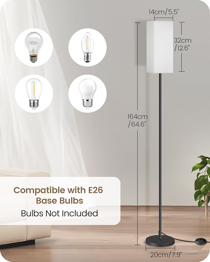 Floor Lamp, Pole Lamp with Foot Switch, Modern Standing Lamp Shade, Minimalist Freestanding Lamp (Bulb Not Included), for Living Room, Bedroom Office ETL Listed, Black and White CW07LD05