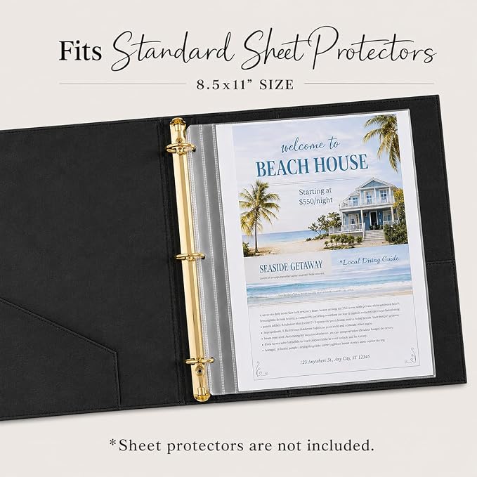 Paper 'n Such Welcome Binder for Short Term Rentals – Black Faux Leather 3 Ring Folder for Airbnb, Vacation Home, House Manual & Guest Information - Letter Size