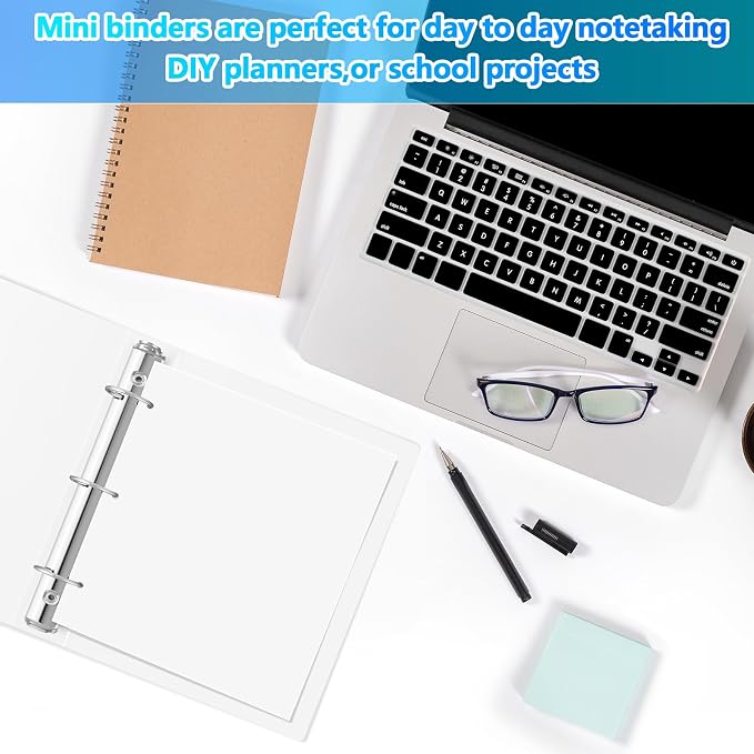 Henoyso 12 Pcs 1.5 Inch Mini 3 Ring Binders Fits 5.5" x 8.5" Paper, Holds(Capacity 350 Sheets), Plastic Flexible Three Round Rings Small White A5 Binders Bulk for School, Office Use, Photo Album