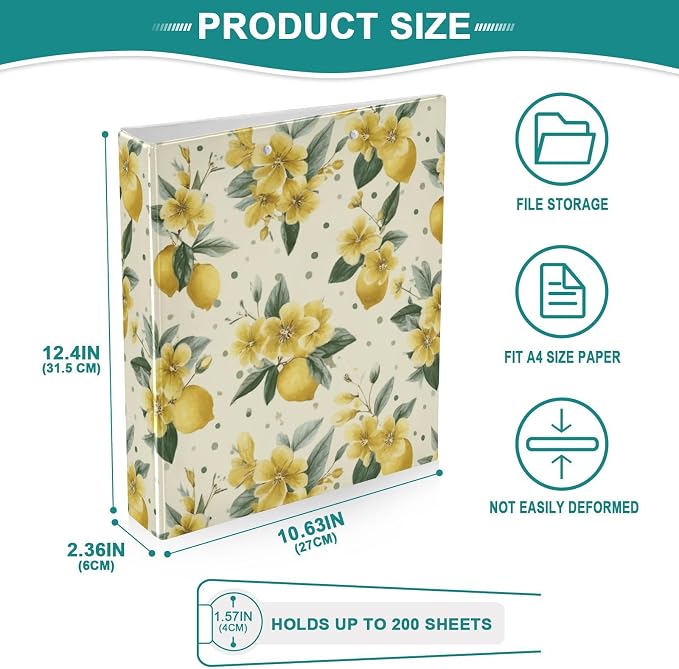 Yellow Lemon Leaf 3 Ring Binders 1.5 Inch Clear View Three Ring Binders Versatile Binder for Work School Office Supply 1 Pack