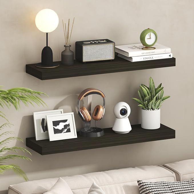 Furinno Tanna Floating Shelves for Wall, 9 x 35 Wall Shelf, Single Set Wall Mounted Floating Shelf with Invisible Bracket, 2-Inch Thick, for Bathroom, Living Room, Bedroom, Home Office, Tobacco Oak