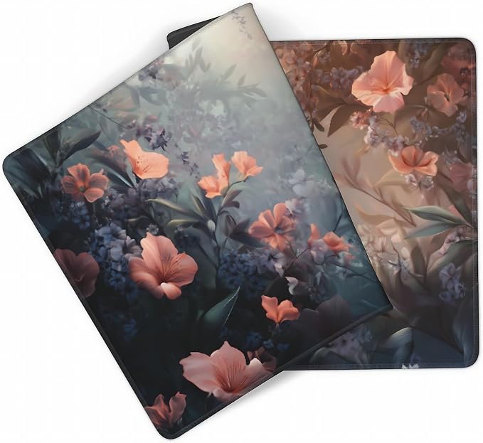 Cute Floral Aesthetic Azalea Gaming Mouse Pad, Ink Blue Red Dreamy Desk Mat with Anti-Slip Base & Stitched Edges,35.4" x 15.7" in Table Mat for Computer Desktop, Beautiful Workstation Decor