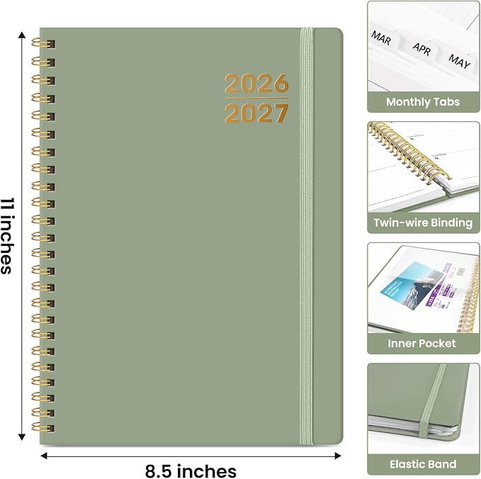 Taja Planner 2026-2027, Jul 2026-Jun 2027 Monthly & Weekly Calendar Book | 8.5" x 11", Hardcover Academic Calendar with Tabs, Teacher Student Agenda Book for School Office Supplies - Green