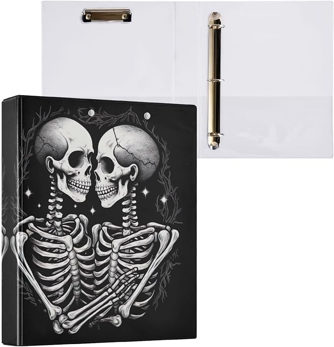 SPRIPORT Skull Couple 1.5 Inch 3 Ring Binder Holds 200 Sheets for Office Supplies Durable PVC Round Ring Binder with Interior Clear Pockets Binder Notebook for Home Work Woman Man