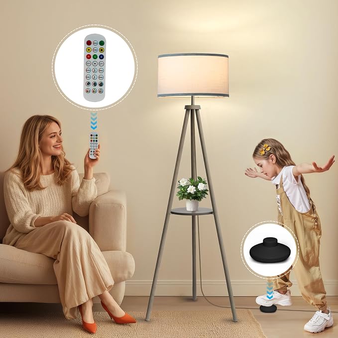 EOEYYOYB Floor Lamps for Living Room, Modern Standing Lamp with Shelf, 3 Color Temperature Led Bulb Tall Lamps with Foot Switch for Bedroom and Office, Grey