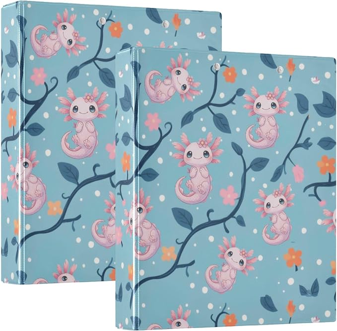 Cute Pink Axolotl Round Ring Binders 1.5 Inch Aquatic Plant Amphibian Blue 3 Ring Clipboard Binder for Office School Work Supplies File Folder 200 Sheet Capacity 2 Pieces