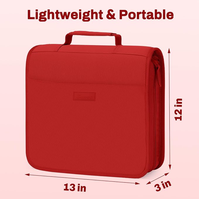 SUNEE Zipper Binder with Handle, 1.5 Inch O-Ring, 325 Pages Capacity, with 5-Tab Expanding File Folder for Classified Storage, Small Size Lightweight Zipper Bag for Middle School Students, Bright Red
