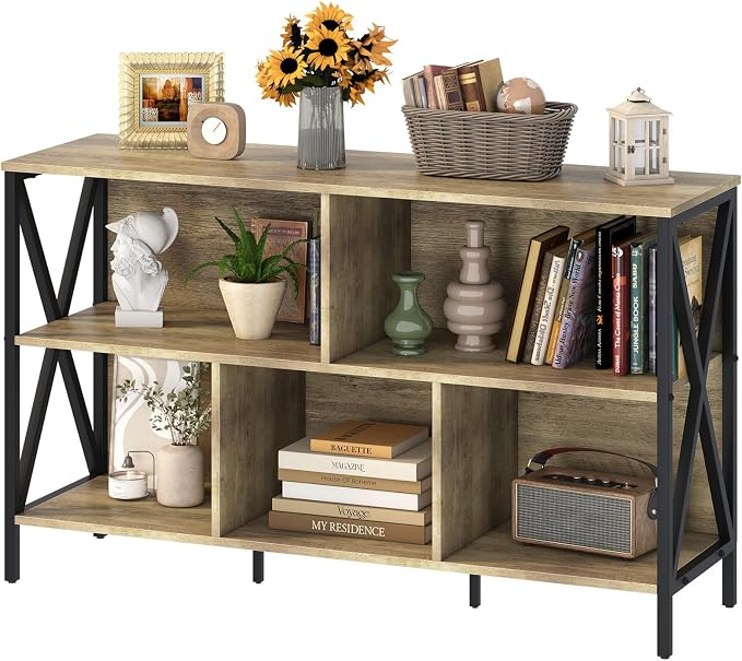 Adompacat 47" Low Horizontal Bookshelf, 5 Cube Wide Storage Organizer, Industrial Wood Metal Cubby Bookcase, Rustic Oak Farmhouse Open Shelf for Bedroom Living Room Home Office(47 in, Oak)