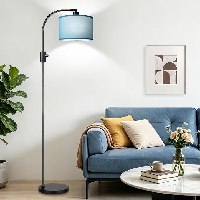 Nintiue Dimmable Black Floor Lamp, 1200 Lumens LED Edison Bulb Included, Arc Gold Floor Lamps for Living Room Modern Standing Lamp with Sky Blue Shade