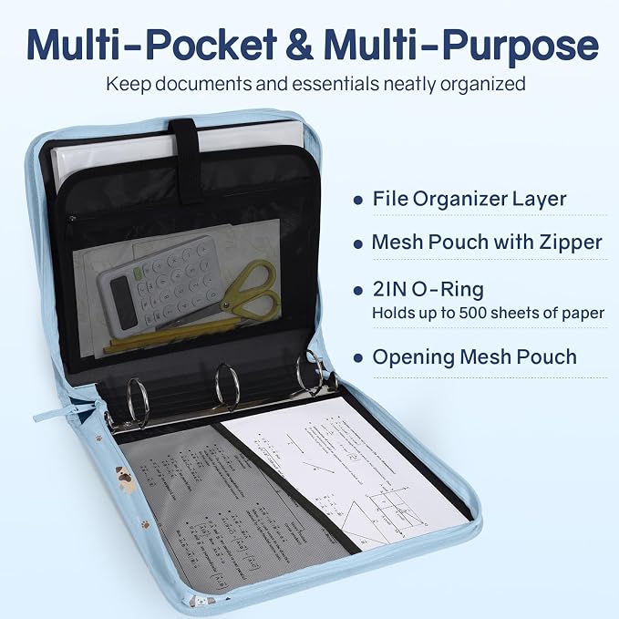 SUNEE Zippered Binder Bag with Handle, 2-Inch 3-Ring O-Ring, 500-Sheet Capacity, Includes Zip Pocket, 5-Tab Expanding File Folder, Multi-Pocket Organizer Binder for Middle School, Blue Dog