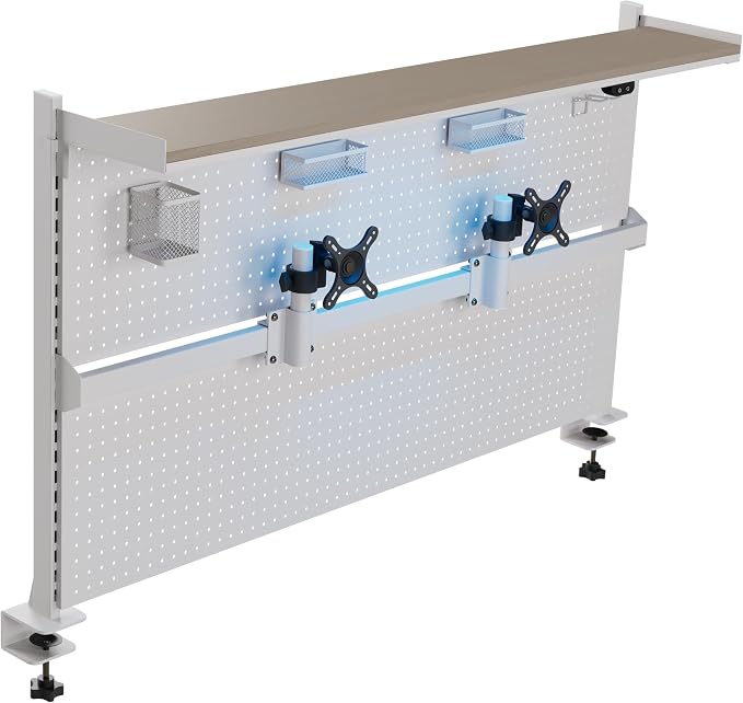 EUREKA ERGONOMIC Desk Pegboard Dual Monitor Stand 59x34 White | Large steel pegboard with dual monitor stands, LED lighting, privacy panel and modular accessories for gaming desks
