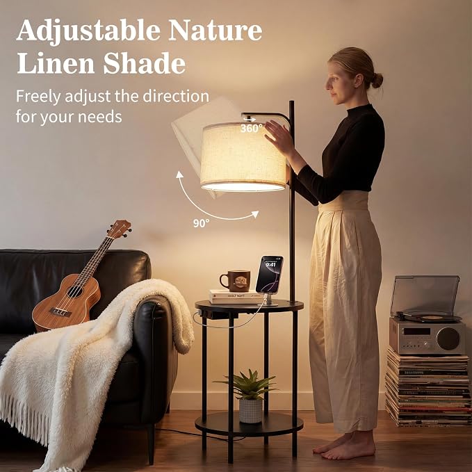 ONEWISH Floor Lamp with Table, USB/Type-C/AC Charging Ports, 9W LED Bulb, Round Table & Nightstand for Bedroom & Living Room(Black)