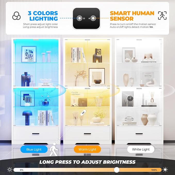 BROTTAR 4-Tier Display Cabinet with Glass Doors and Drawer for Collectibles | Glass Display Case with 3-Color Lights & Human Body Sensor, Curio Cabinets with Adjustable Shelves for Living Room, White