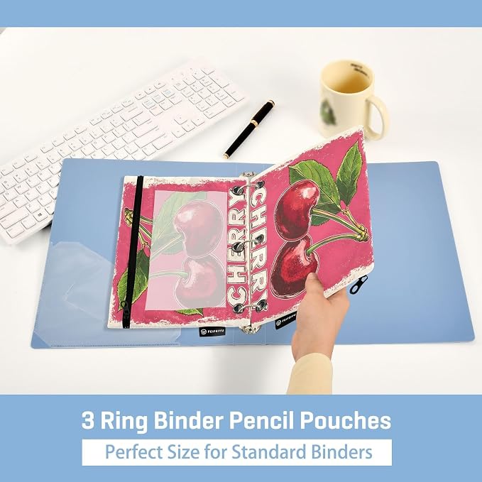 Red Cherry Print Pencil Pouch for 3 Ring Binder, 2 Pack Waterproof Pencil Bags Clear Window Pencil Case Zipper School Office Supplies