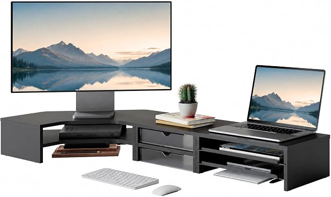 Fenge Dual Monitor Stand, Corner Desk Shelf with Drawer & Slide-Out Tray | Modular Design for Flexible Layouts, 2-Tier Storage Desktop Organizer for Computer, Laptop, Printer and Telephone