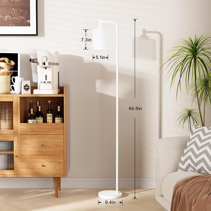 Ziisee Floor Lamps for Living Room - Industrial Standing Lamp with Glass Shade, Modern White Floor Lamp with LED Bulbs, Farmhouse Floor Lamp for Bedroom, Tall Lamp for Office - White