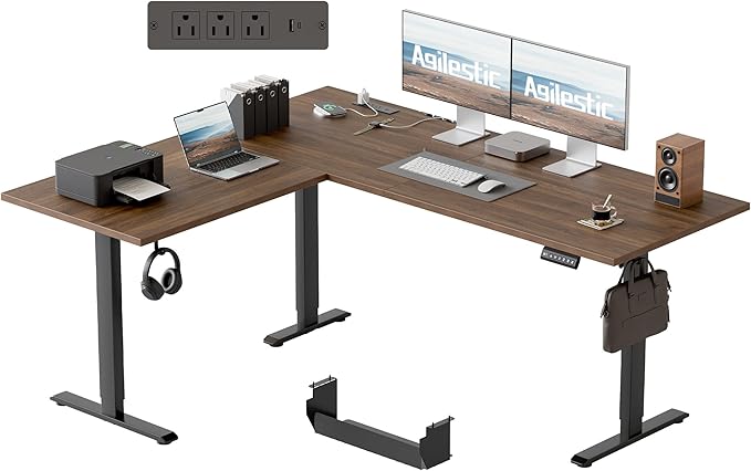 Agilestic 63 x 55 Inch L Shaped Standing Desk with Powerstrip, Dark Walnut | Outlets, Cable Management, Corner Desk, Ample Workspace, Memory Presets, Hooks, Stable Steel Frame,176 lbs, Splice Board