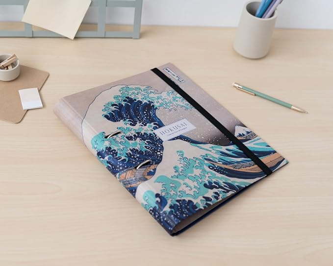 Kokonote Hokusai 2 Ring Binder - A4 - 10.6 x 12.6 inches - 27 x 32 cm - 2 Rings - Japanese Gifts | A4 Folder with Elastic closure, School Folders for Paperwork A4, Back to School Supplies | The Great Wave off Kanagawa