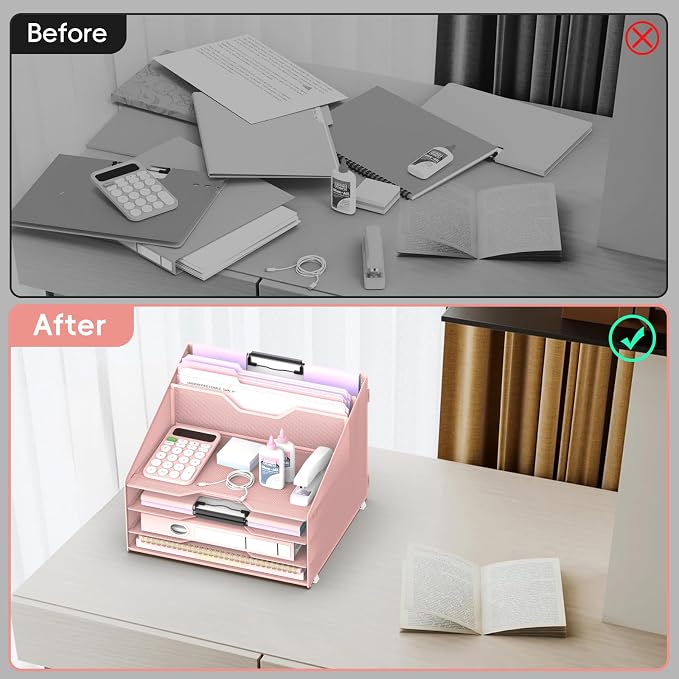 Desk File Organizer, 4 Letter Trays and 2 Upright Sections, Pink | Paper Organizer for Desk with Tiered Letter Trays and Vertical File Holders for Home Office, School and Workspace Use