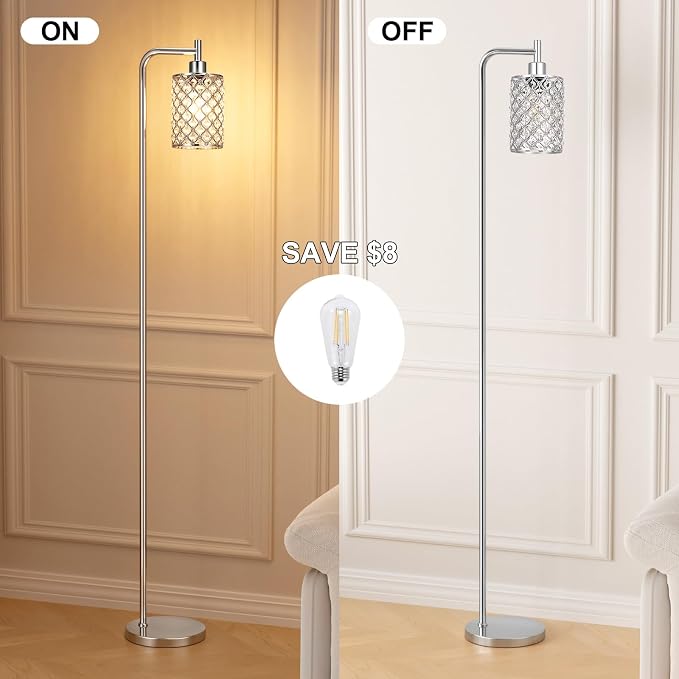 Ziisee Crystal Floor Lamp - Industrial Modern Standing Lamps with LED Bulb for Living Room Bedroom Office - Silver