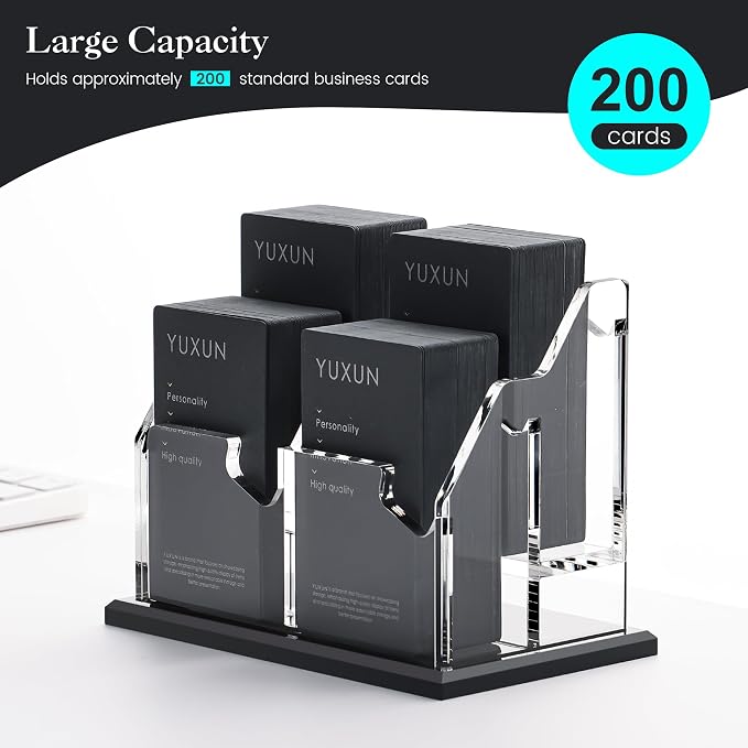 YUXUN Business Card Holder for Desk Vertical 2 Tier 4 Slot ,Black Acrylic Business Card Display Stand for Men & Women,Desktop Business Card Organizer for Office Home Exhibition, 200 Card Capacity