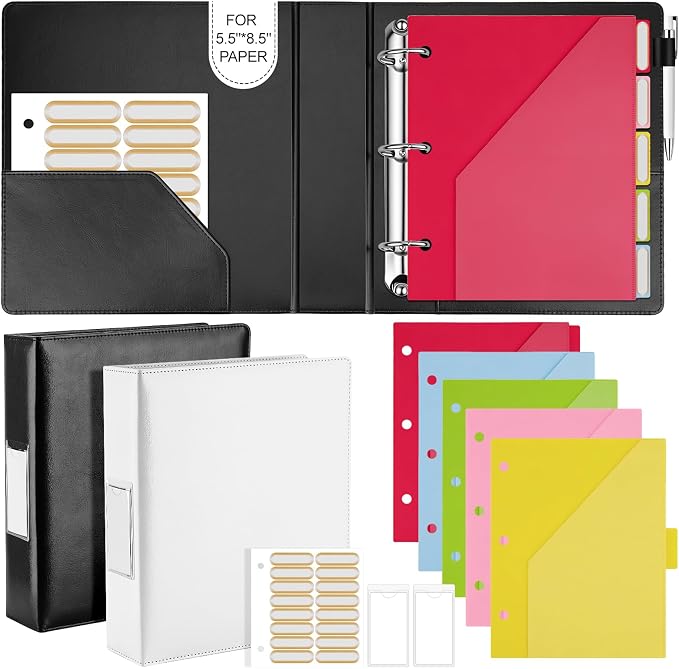 Meetory 2 Pack Binder 5.5" x 8.5", 1 Inch Rings, Leather Vintage Hardcover | holds 500 sheets,180° flat-lay,portable for easy document arrangement, Black & White Mini 3-Ring Binders with index dividers
