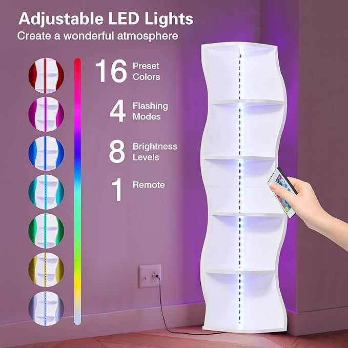 VECELO 6-Tier Compact Wave Corner Bookcase with LED Lights, Small Narrow Freestanding Bookshelf for Small Spaces, Living Room, Bedroom, Home Office (White)