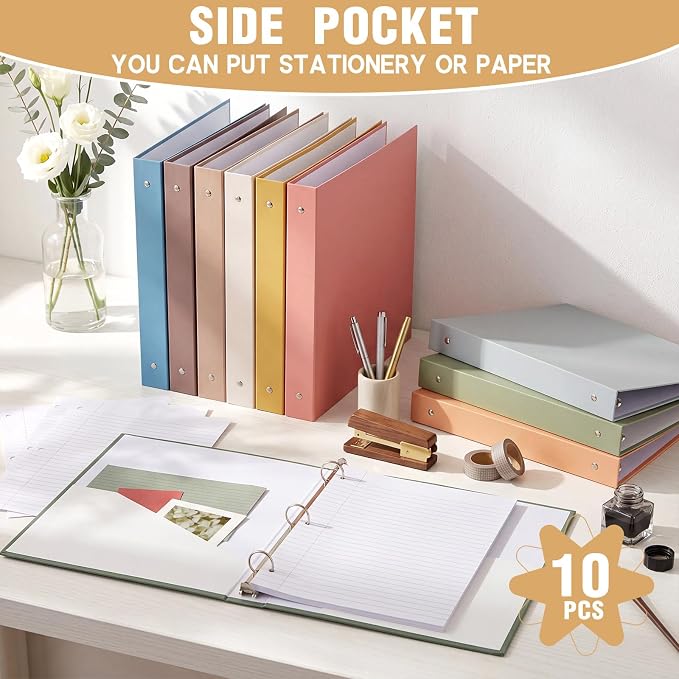 Ctosree 10 Pack Colored 3 Ring Binder with 2 Pockets Hardcover Loose Leaf Binder for Women Men Teacher Student School Office Home Supplies, Fits 11 x 8.5 Size Paper, 10 Colors(1'',Vintage Color)