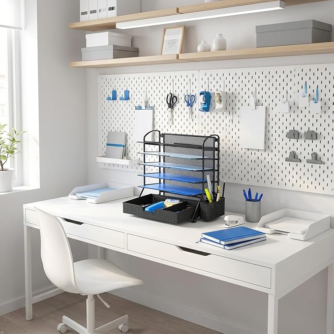 Simple Houseware 6-Tier Desk File Organizer w/Drawer & Pen Holder, Black | 5 Tilted Letter Trays for A4 Paper, Mail and Documents