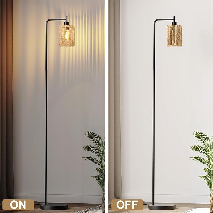 66" Black Floor Lamp for Living Room, Boho Floor Lamp with LED Bulb, Rattan Shade, Foot Switch, Industrial Tall Standing Lamp for Bedroom, Dining Room, Study Room, Office
