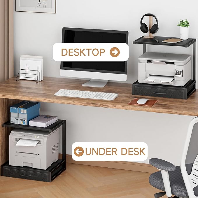 YAOHUOO 2-Tier Desktop Printer Stand with Fabric Drawer,17.3"x11.8" Black | Printer Table with Storage Shelf,Desk Organizer for Home Office,Fit Printer,Fax Machine,Scanner,Space Saving for Two Monitors