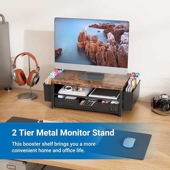 Monitor Riser, Laptop Stand for Desk, Office Desk Organizer and Accessories, Computer Monitor Stand, Desktop Shelf with Drawer and Pen Holder, Printer Stand for Home, Office, Dorm (Brown)