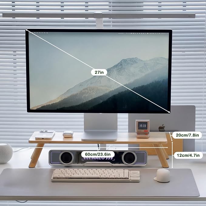 Bamboo Monitor Stand Riser with Cable Routing Slot and Storage | 23.6-inch Wide, Ergonomic Desk Shelf, Natural Wood Desktop Organizer for Monitor Laptop Printer, Home Office Accessory