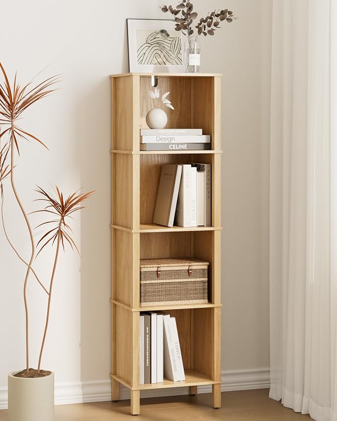 Book Shelf, Modern 4-Tier Bookcase, Open Storage Bookshelf, 11 × 14.2 × 50.4 Inches, Small Narrow Bookshelves for Living Room, Home Office, Bedroom, Natural