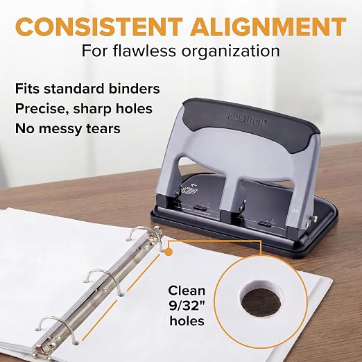 Bostitch EZ Squeeze 3 Hole Paper Punch, 40 Sheet Capacity, Heavy Duty Metal Office Hole Puncher with Chip Tray, Non-Slip Base & Paper Guide, 9/32" Holes for Binders, School & Home Office